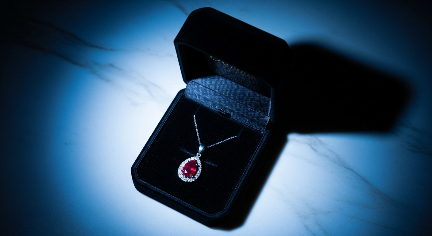 Pendentif rubis rouge sang dans écrin de velours noir